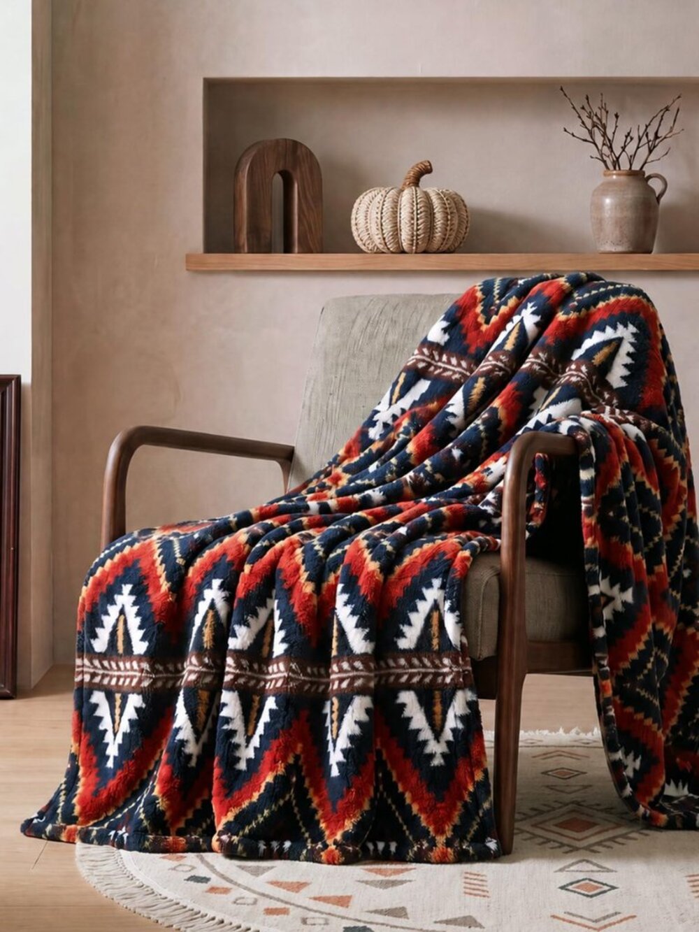 Boho Aztec Sherpa Blanket Navy Blue 50"x60" Ultra Soft Plush Throw